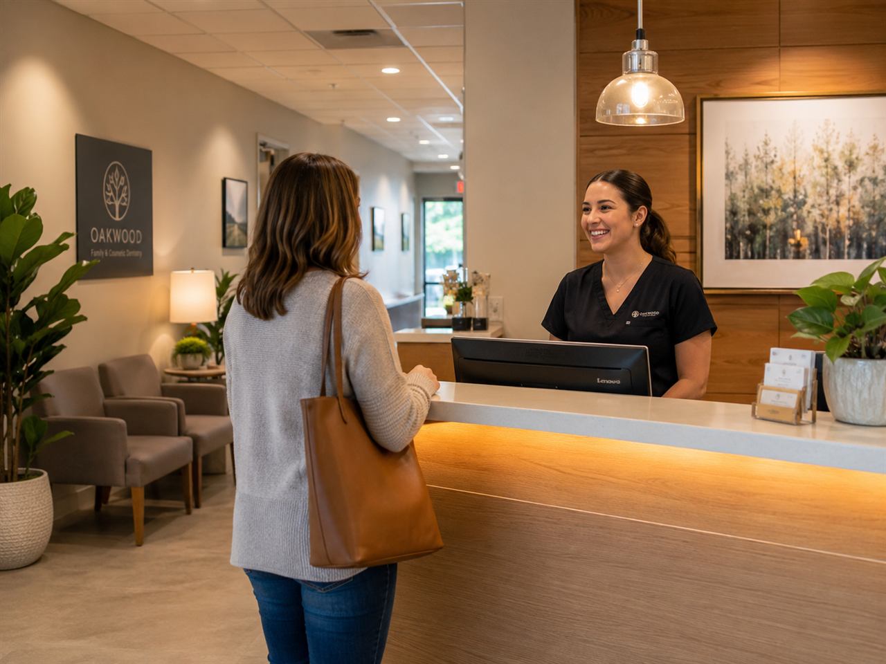 Clinic reception welcoming a patient