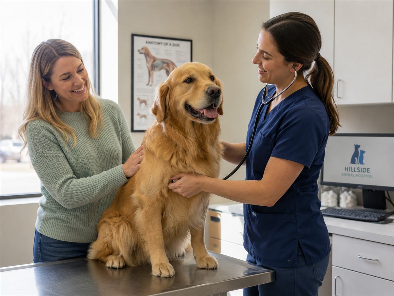 Veterinarian examining a dog with its owner